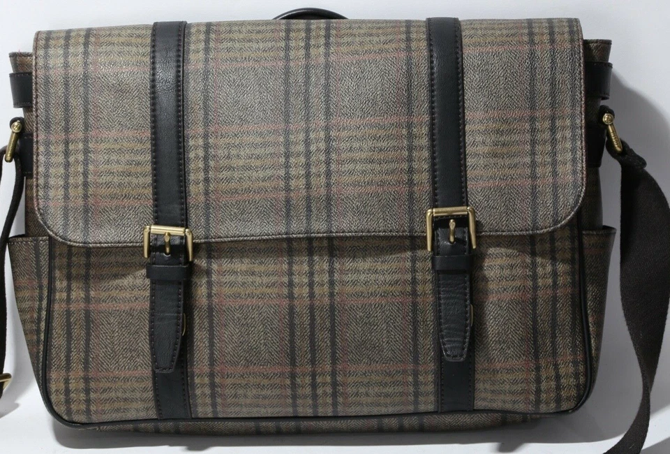Bolso Bandolera Mensajero para Laptop FOSSIL Marrón a Cuadros Lona Recubierta Solapa Foto 2 de 4