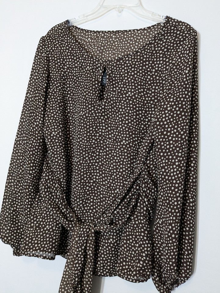ALLISON MORGAN Brown Dot Chiffon Two-Layer Long Sleeve Blouse; Size M ...
