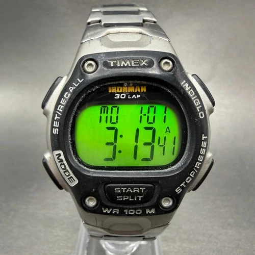 Timex Ironman Watch Men 38mm Digital Silver Tone Alarm Chrono Round New Batt VTG