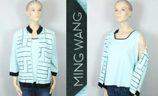 MING WANG Aqua Blue Knit 2pc Set Tank Top & Duster Cardigan Blazer Jacket L