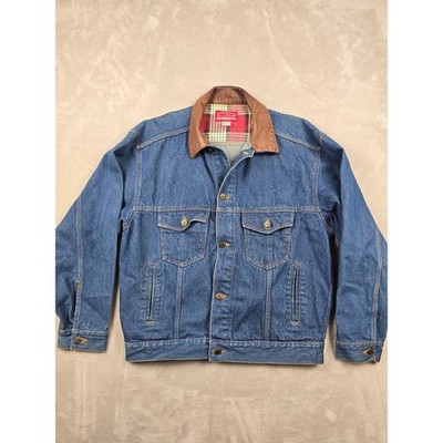 Vintage Marlboro Country Store Denim Jacket Mens L Blue Leather Collar