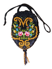 VICTORIAN RETICULE SMALL BEADED BAG DRAWSTRING ROSE PATTERN PETITE 5.5" X 3.5"