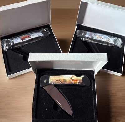 3 Pocket Knife Set Deer Bear Wolf Wildlife Prints Stainless 3 Hawk Boxed Knives