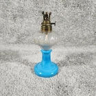 Antique Miniature Oil Lamp Blue Milk Glass Clear Vintage Small Toy Size
