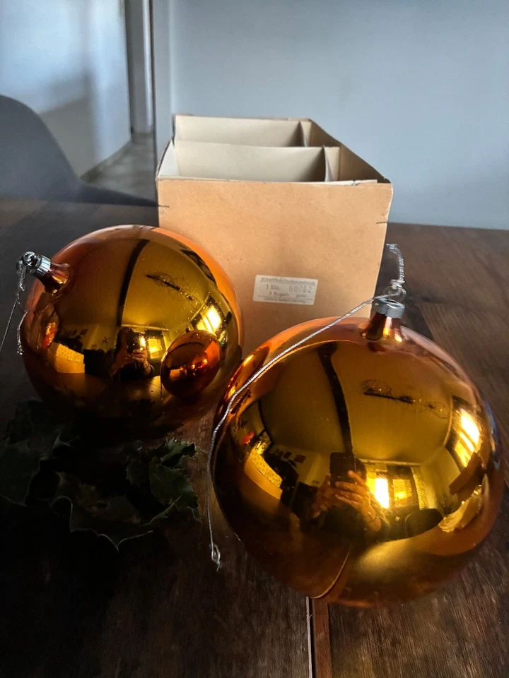 2 alte sehr grosse goldene Weihnachtskugeln  Eckartina Glaskugeln Mundgeblasen - Bild 2 von 4
