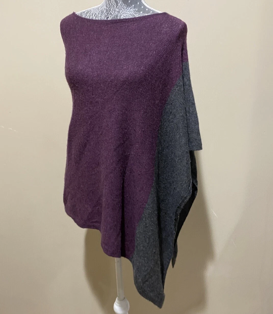 Celeste Wool Cashmere Knit Poncho Sweater Purple Gray Colorblock Shawl Cape Wrap