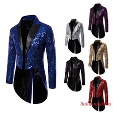 Mens Halloween Costume Sequin Tuxedo Jacket Tailcoat Dress Blazer Suit