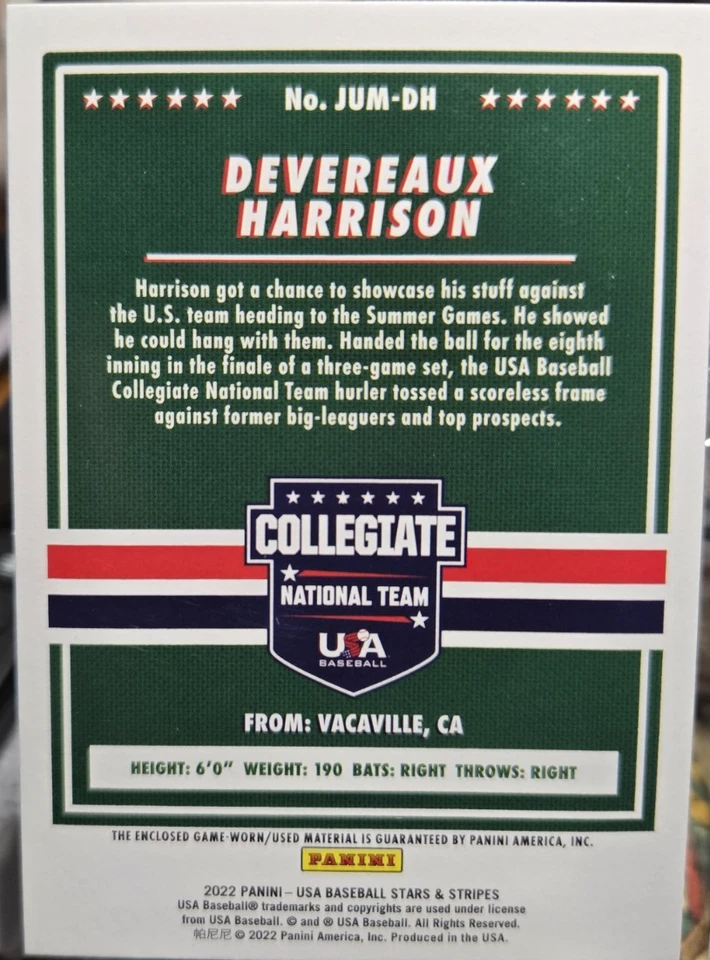 2022 Panini USA Baseball Stars & Stripes Jumbo Relics Devereaux Harrison #JUM-DH - Image 2 of 2