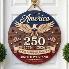 Personalized America 250 Wooden Door Hanger, Patriotic Family Sign, 1776-2026