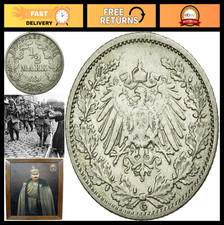 1905-1919 Silver 1/2 Mark Coin - Prussian Memorabilia, WW1 Era Collectible, Circ