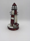 Stained Glass Light House Tiffany Style Red & White 9" Vintage - No Lamp Parts