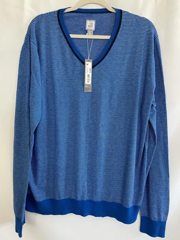 JC Penney Mens Pullover Sweater Blue White Stripe V Neck Cashmere