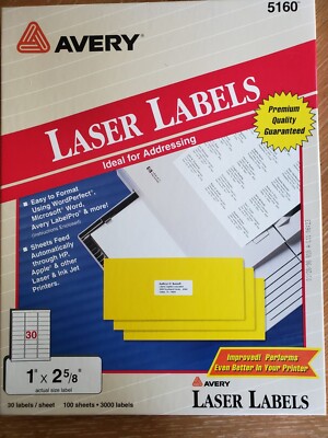 Avery 5160 Laser 3000 White address labels 1" x 2 5/8" 100 Sheets  | eBay