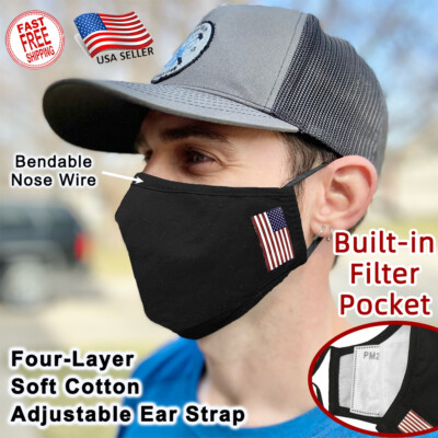 Reusable Washable Four Layers 100% Cotton Mask with Filter Pocket and Nose Wire