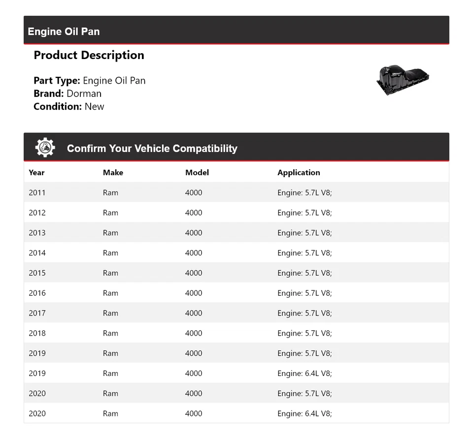 Маслосборник двигателя для 2011-2020 Ram 4000 Dorman 2012 2013 2014 2015 2016 2017 2018 - Изображение 2 из 4