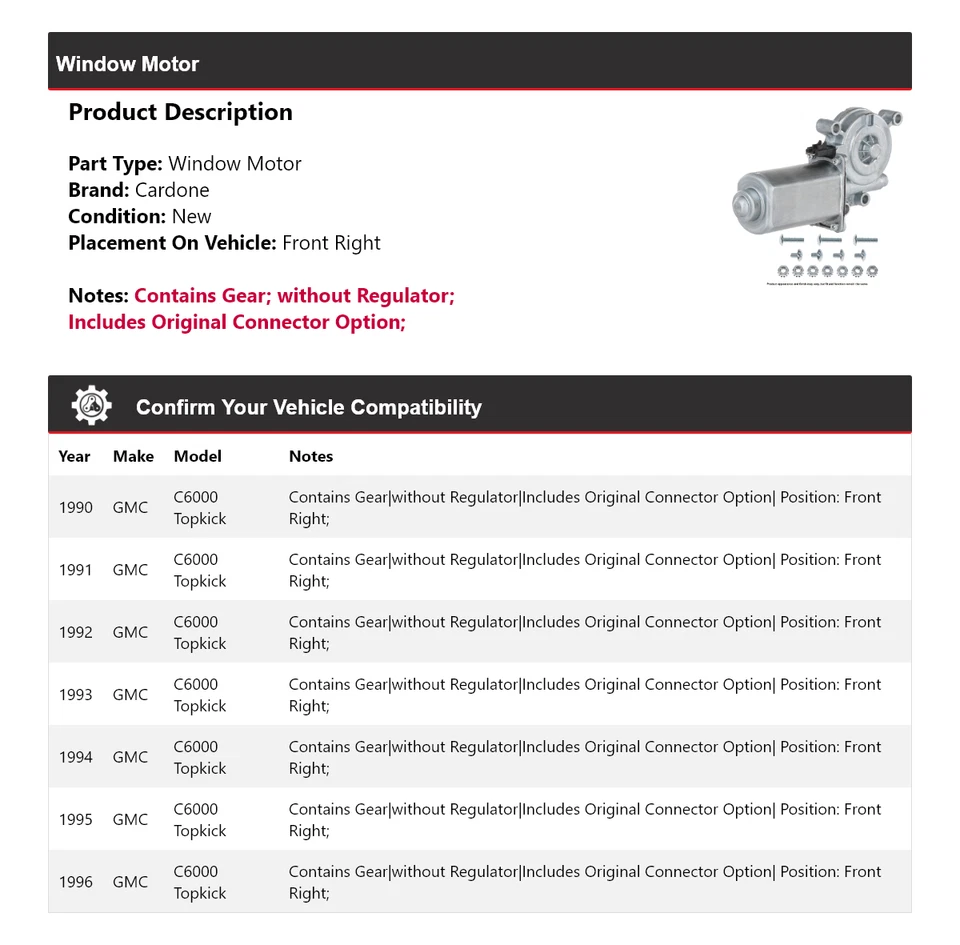 For 1990-1996 GMC C6000 Topkick Window Motor Front Right Cardone 1991 1992 1993 - Image 2 of 4
