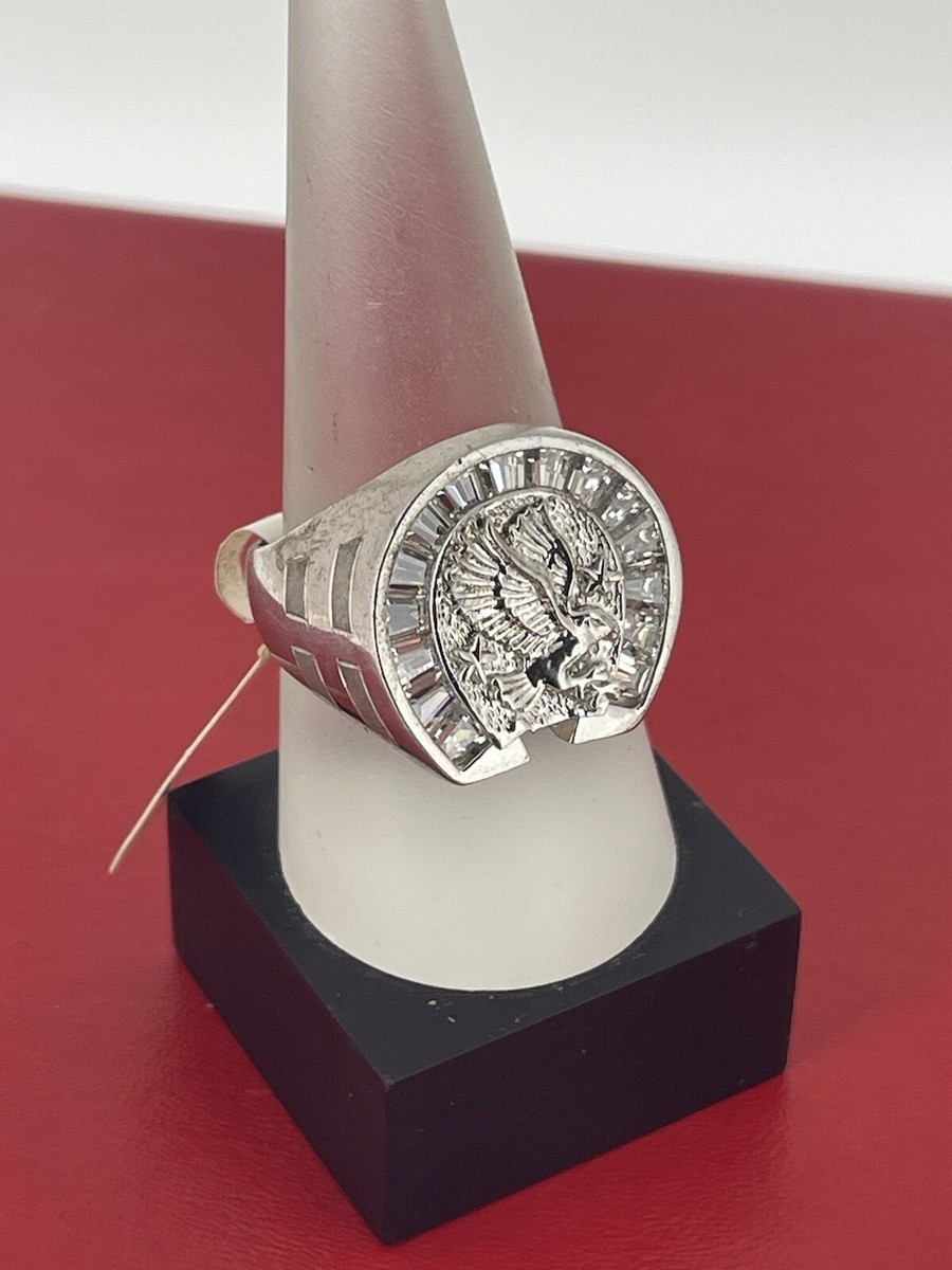 STERLING SILVER RING EAGLE HORSE SHOE WHITE STONES SZ 10.5 MENs