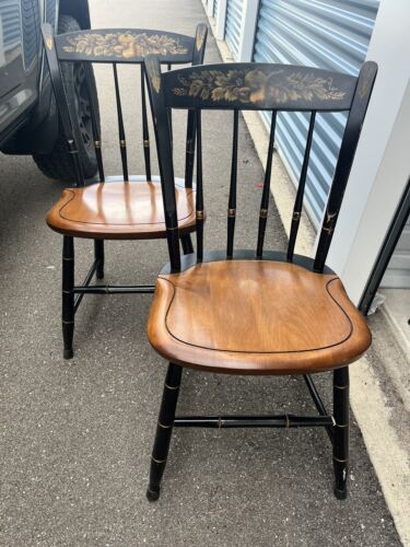 Two (2) L. HITCHCOCK Dining Chair Windsor Fan Back Gold Stenciling Fall Harvest