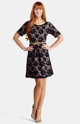 Donna Morgan S Nordstrom Navy Blue Lace flare dress Cocktail Formal cap  sleeve