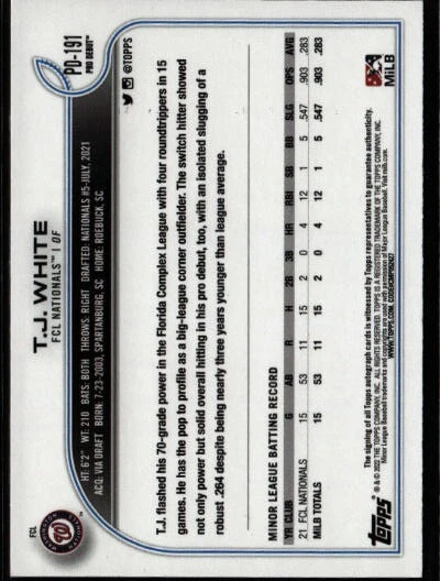 2022 Topps Pro Debut #PD-191 T.J. White Autographs C351 - Image 2 of 2