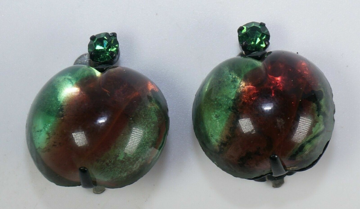 VINTAGE FOIL JEWEL GLASS JELLY BELLY JADE GREEN RED APPLE AUSTRIA