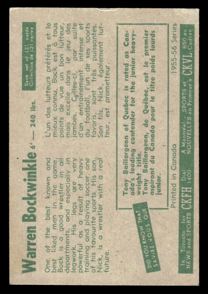 1955 Parkhurst Wrestling #21 Warren Bockwinkle EX/MT - Image 2 of 2