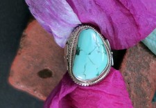 Gorgeous Large Natural Turquoise and Sterling Silver Ring - Size 6.75 4748