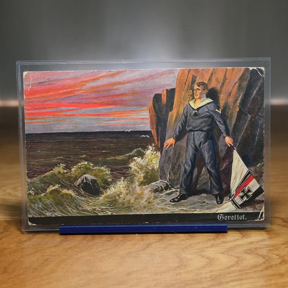 Marine Matrose Flagge Gerettet Kaiserliche Marine 1914 Litho gelaufen AK - Bild 1 von 4