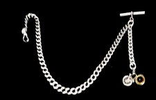 Heavy solid silver albert watch chain with Rare bicycle compass fob