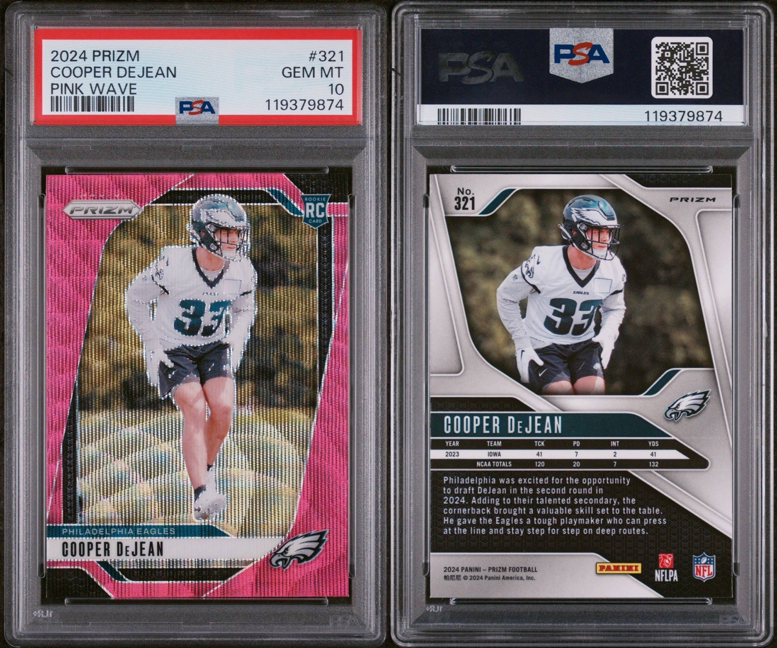 2024 Panini Prizm Rookies Cooper DeJean #321 Pink Wave Prizm (RC) PSA 10 Eagles