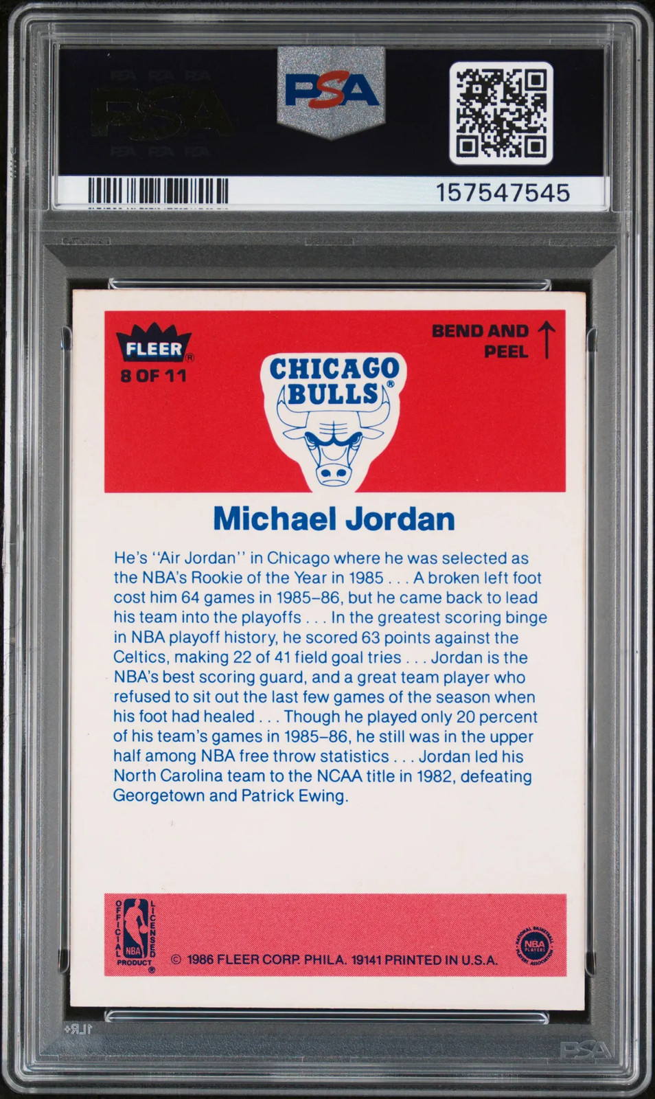 1986 Fleer Sticker #8 - Michael Jordan Rookie (RC) PSA 6 EX-MT (545) view 2