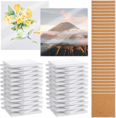 30 Sets Sublimation Coasters Blanks with Cork Back Ceramic Tile 4x4 Tiles Cer...