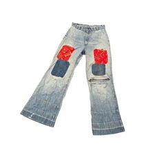 Vintage 1970's 70's Patchwork Denim Flare Pants Jeans Red Blue Hippie Boho Women
