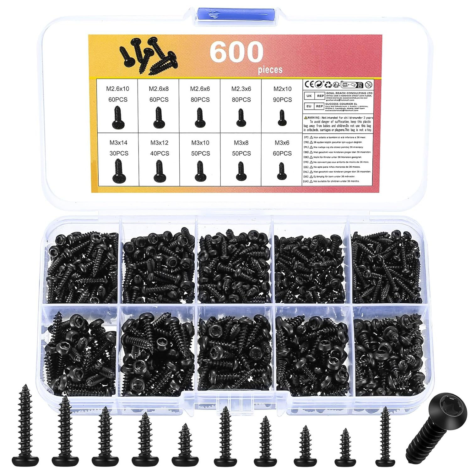 600 Pcs Torx Pan Head Self Tapping Screws Set, Small Black round Head Torx Self-