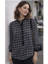 Marc By Marc Jacobs 100% Silk Hi Low Houndstooth Tunic Top Black Gray Long Slv M