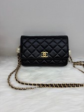 Chanel Wallet On Chain WOC Lambskin Quilted Pearl Chain Crossbody Bag Authentic