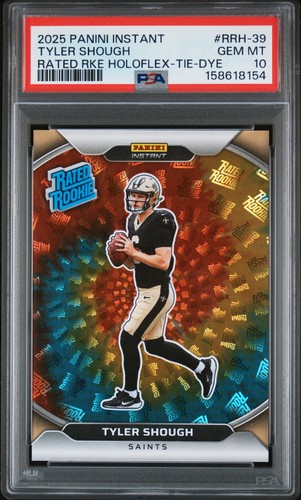 2025 PANINI INSTANT NFL RATED ROOKIE HOLOFLEX TIE-DYE TYLER SHOUGH RC /25 PSA 10