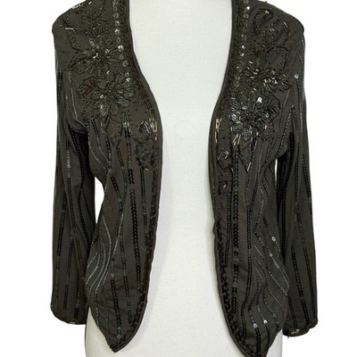 Black Embellished Sequin Beaded Bolero Crop Jacket Large Holiday Party Cocktail