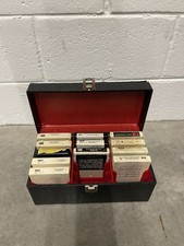 Vintage 8-Track Tape Case Lot 12 Tapes Black Faux Crocodile Skin Red Interior