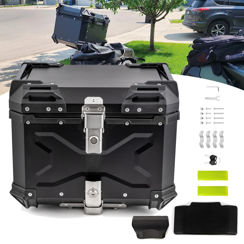 US 45L Motorcycle Top Case Tail Box Thick Aluminum Hard Trunk & Backrest Black - Image 2 of 4
