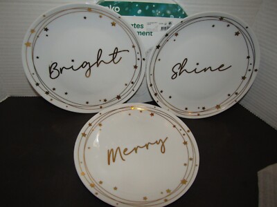 ANKO Set of 3 Gold BRIGHT, SHINE, MERRY 8'' Salad/Appetizer PLATES