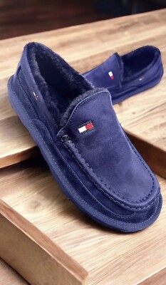 CLEARANCE | $75 Tommy Hilfiger Mens Slip On Faux Fur Lined Mocassin Slipper Blue