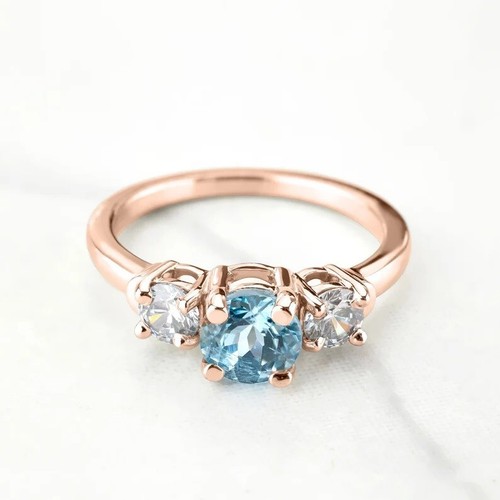 Aqua & White Round 0.84CT Lab Grown Diamond Women 3 Stone Ring In 10K Rose Gold - Picture 2 of 8