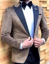 Designer Beige Brown Velvet Tuxedo Wedding Suit Men's Tailored Slim Fit