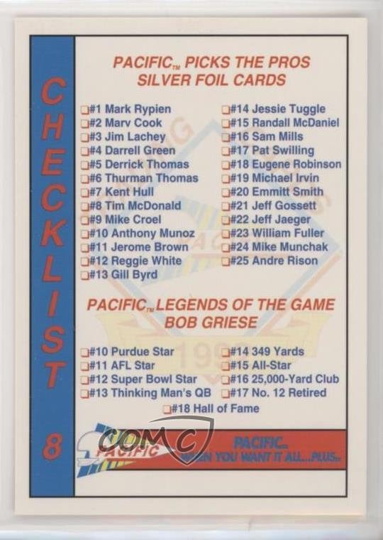 1992 Pacific Checklists Checklist #8 z6b