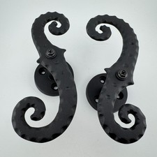1 Pair - Black Galvanized Iron Scroll Post Mount Shutter Dogs w/ Hammered Edge