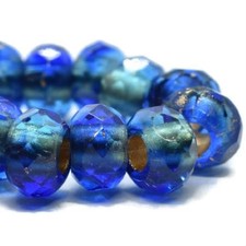 Qty. 10 Shades of Blue w/ Gold Lining 6x9mm Czech Glass Large Hole, Roller Beads