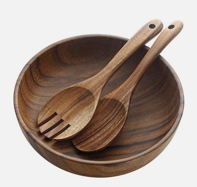 Salatschüssel aus Holz mit Löffel & Gabel Set Naturholz Servierschüssel