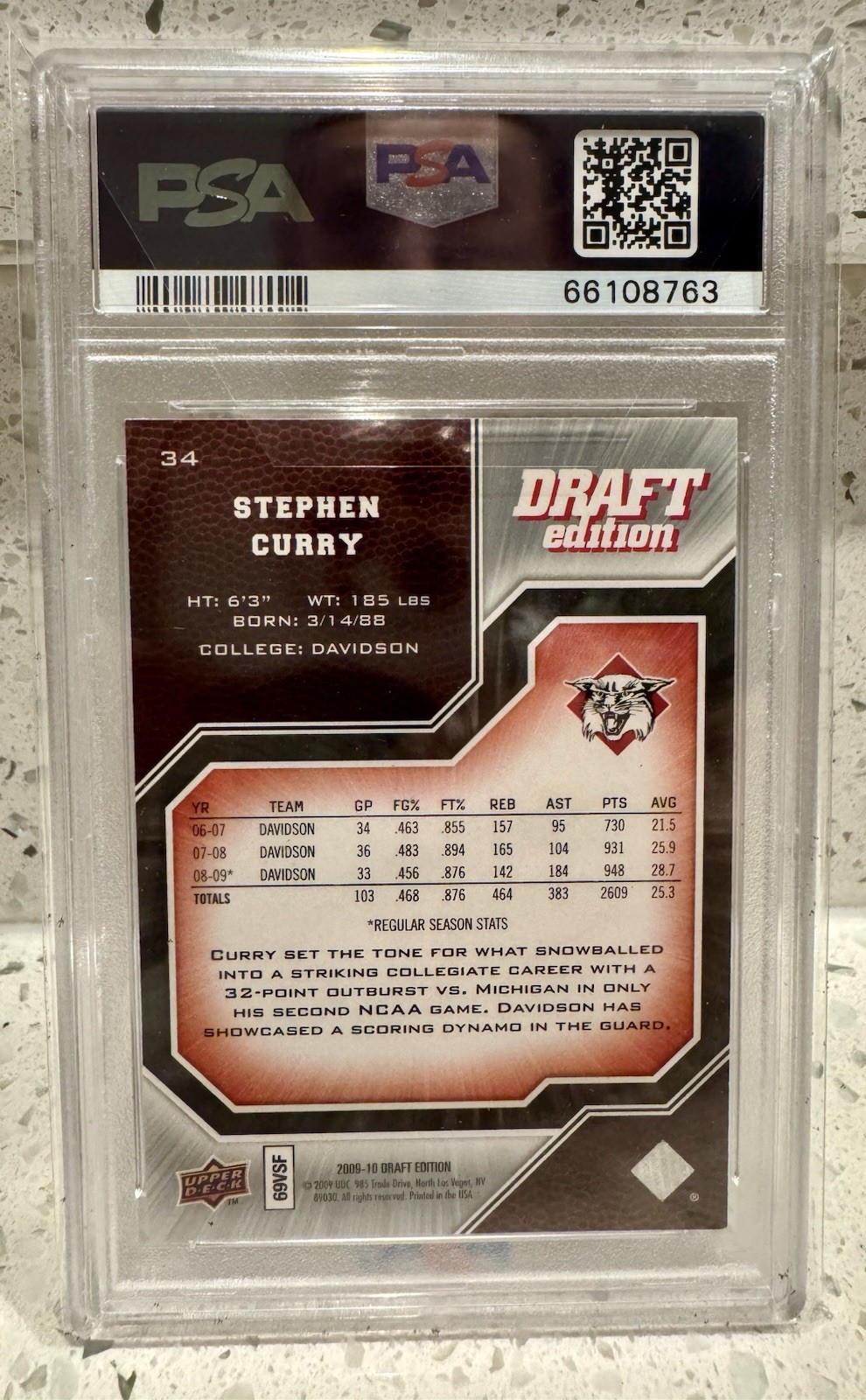 2009 U.D. Draft Edition STEPHEN CURRY #34 PSA 8 NM-MT Warriors ROOKIE view 2