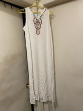 Embroidered Neckline White Maxi Dress with Colorful Accents Size Medium 